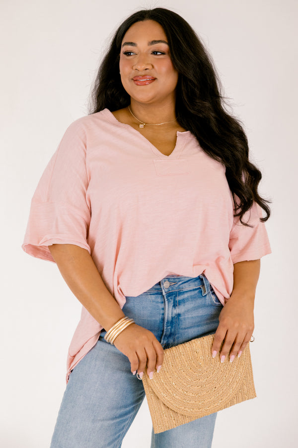 Chic Soul plus size clothing, light pink shorts sleeve oversized tee with v neck cutout 