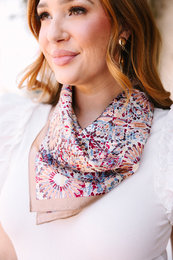 Chic Soul plus size clothing, beige scarf with a multi color abstract circle pattern throughout and a beige boarded 