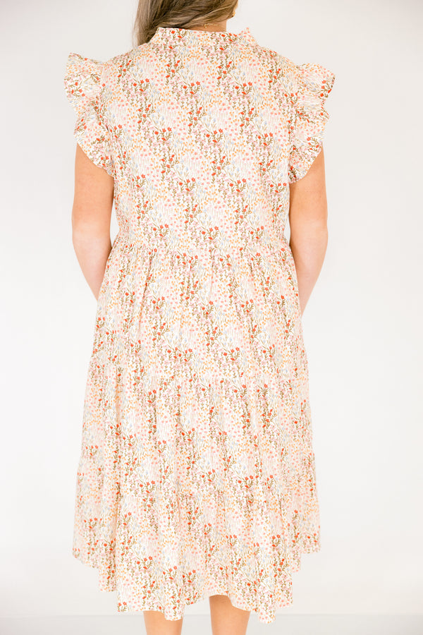 Chic Soul plus size clothing, cream and pink multi colored floral print short flutter sleeve tiered midi dress with v neck cutout
