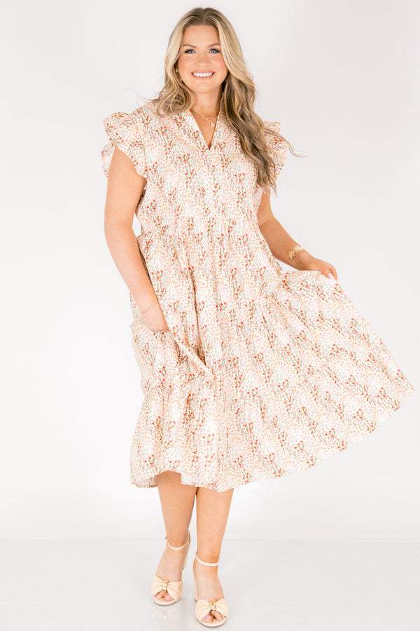 Chic Soul plus size clothing, cream and pink multi colored floral print short flutter sleeve tiered midi dress with v neck cutout