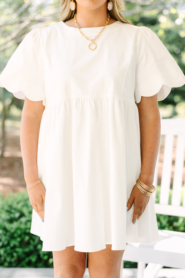 Chic Soul plus size clothing, white bell sleeve baby doll dress with scalloped trim sleeves