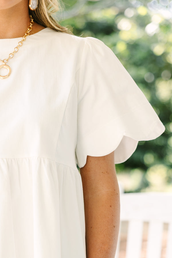 Chic Soul plus size clothing, white bell sleeve baby doll dress with scalloped trim sleeves