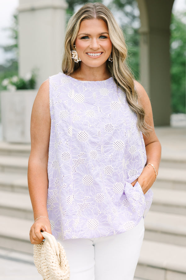 Plus Size lavender eyelet sleeveless tank top with a floral pattern and high neckline.