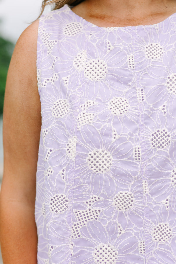 Plus Size lavender eyelet sleeveless tank top with a floral pattern and high neckline.