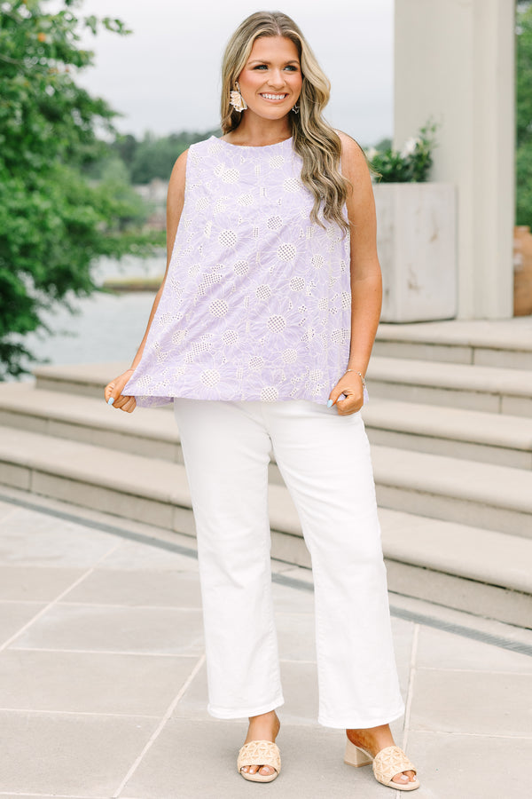 Plus Size lavender eyelet sleeveless tank top with a floral pattern and high neckline.