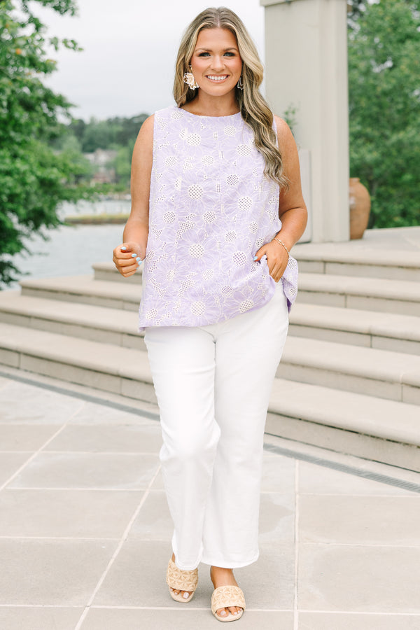 Plus Size lavender eyelet sleeveless tank top with a floral pattern and high neckline.