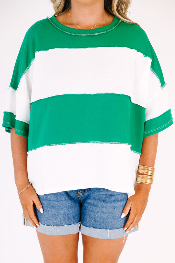 Chic Soul Plus Size Clothing, short sleeve relaxed fit scoop neck top with thick green and white patchwork stripes