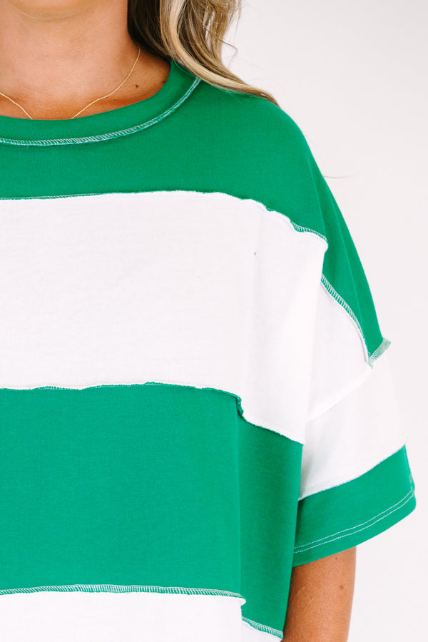 Chic Soul Plus Size Clothing, short sleeve relaxed fit scoop neck top with thick green and white patchwork stripes