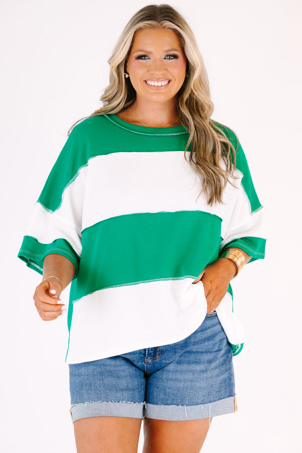 Chic Soul Plus Size Clothing, short sleeve relaxed fit scoop neck top with thick green and white patchwork stripes