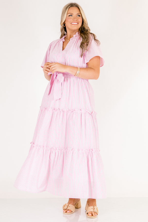 Chic Soul plus size clothing, short-sleeve pink and white striped ruffled tiered baby doll maxi dress with a tie on the waist 