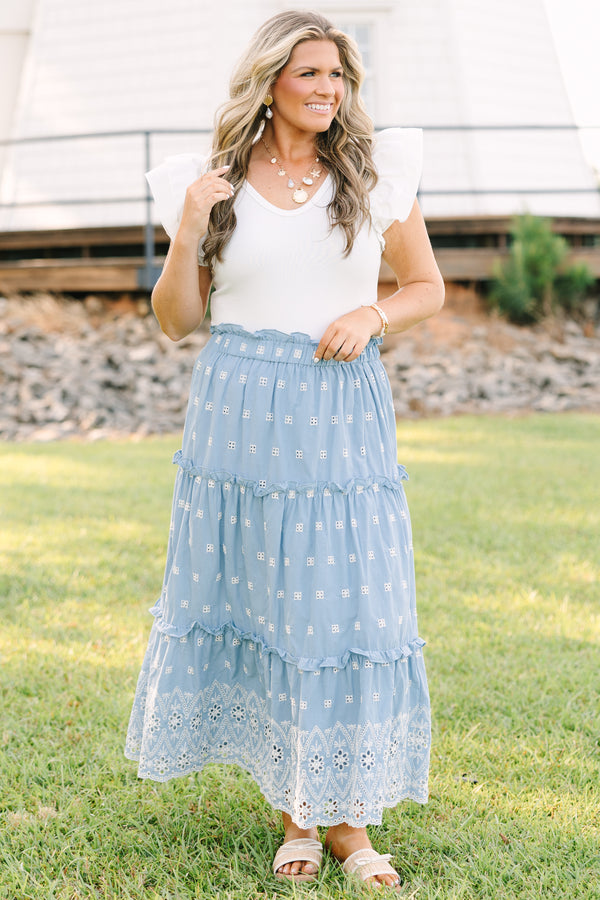 Plus Size light blue tiered midi skirt with white eyelet embroidery and a ruffled waist.