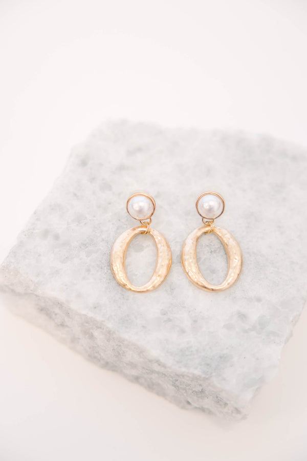Plus Size gold-toned drop earrings featuring a pearl stud and a hammered oval hoop.