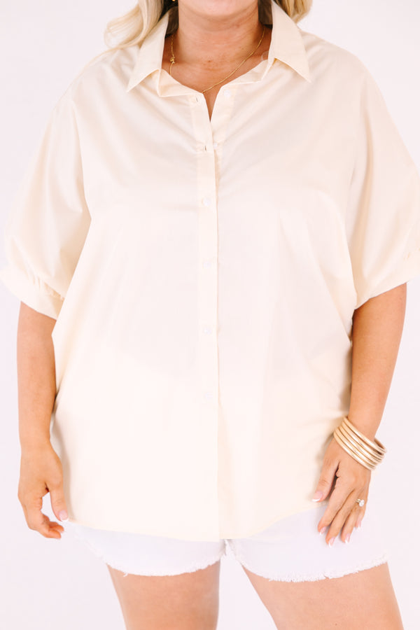 Chic Soul plus size clothing, tan button-up top with short sleeves that have cuffs on each end of the sleeves as well as a collar detail 