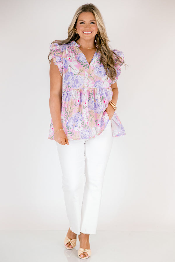 Chic Soul plus size clothing purple and pink floral print baby doll top with v neck cutout and ruffle cap sleeves