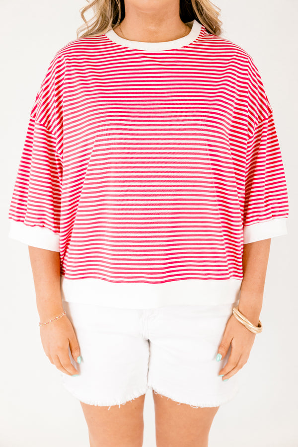 Chic Soul plus size clothing, hot pink striped short sleeve tip with white outlining the bottom of the sleeves neckline and going along the bottom of the top 