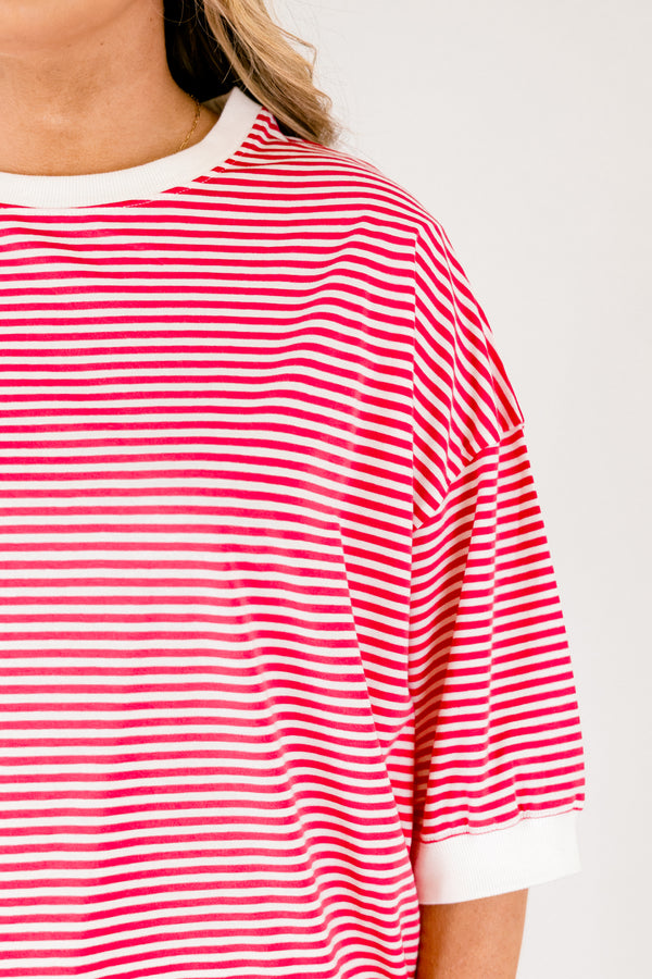 Chic Soul plus size clothing, hot pink striped short sleeve tip with white outlining the bottom of the sleeves neckline and going along the bottom of the top 
