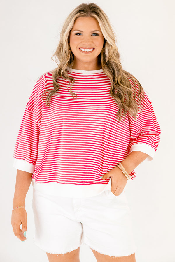 Chic Soul plus size clothing, hot pink striped short sleeve tip with white outlining the bottom of the sleeves neckline and going along the bottom of the top 
