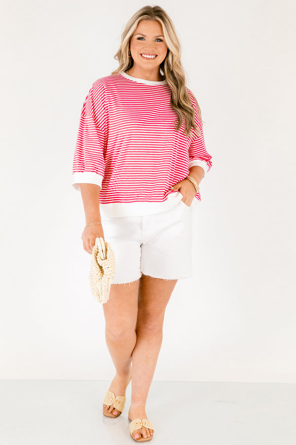 Chic Soul plus size clothing, hot pink striped short sleeve tip with white outlining the bottom of the sleeves neckline and going along the bottom of the top 