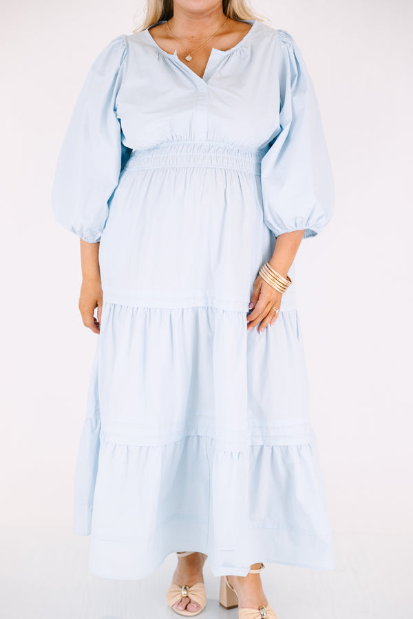 Chic Soul plus size clothing, baby blue tiered maxi dress with a sinched waist and long bubble sleeves as well as slight v-neckline 