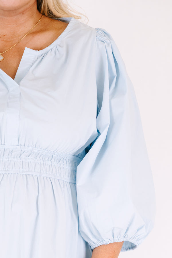 Chic Soul plus size clothing, baby blue tiered maxi dress with a sinched waist and long bubble sleeves as well as slight v-neckline 