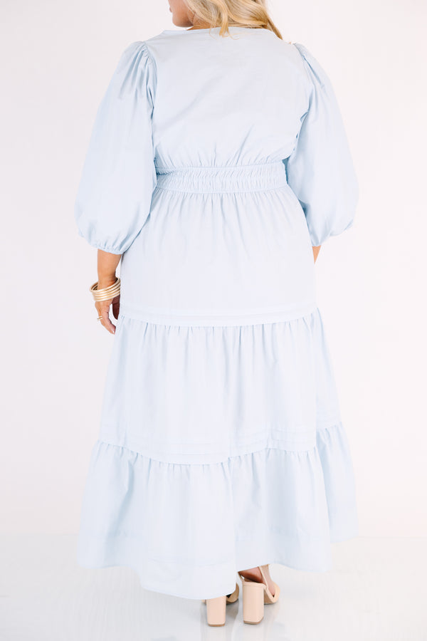 Chic Soul plus size clothing, baby blue tiered maxi dress with a sinched waist and long bubble sleeves as well as slight v-neckline 