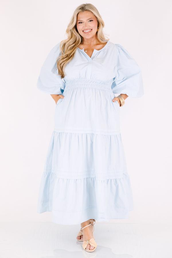 Chic Soul plus size clothing, baby blue tiered maxi dress with a sinched waist and long bubble sleeves as well as slight v-neckline 