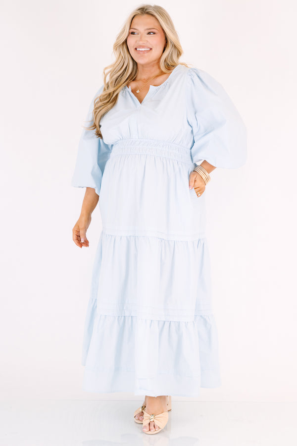 Chic Soul plus size clothing, baby blue tiered maxi dress with a sinched waist and long bubble sleeves as well as slight v-neckline 