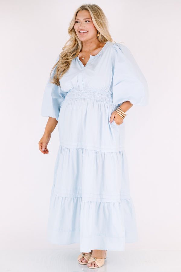 Chic Soul plus size clothing, baby blue tiered maxi dress with a sinched waist and long bubble sleeves as well as slight v-neckline 