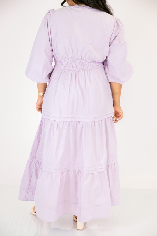 Chic Soul plus size clothing, lavender tiered maxi dress with a sinched waist and long bubble sleeves as well as slight v-neckline 
