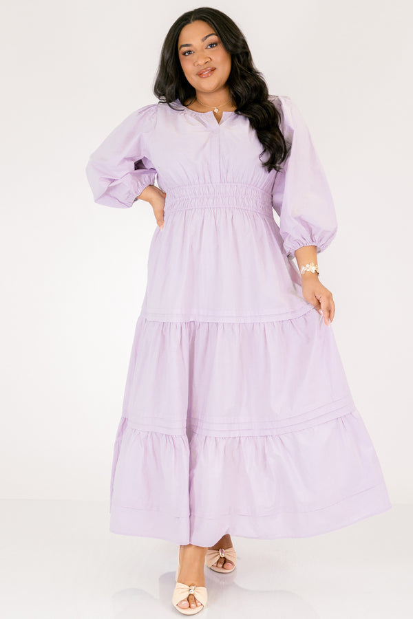 Chic Soul plus size clothing, lavender tiered maxi dress with a sinched waist and long bubble sleeves as well as slight v-neckline 