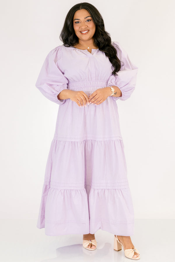 Chic Soul plus size clothing, lavender tiered maxi dress with a sinched waist and long bubble sleeves as well as slight v-neckline 