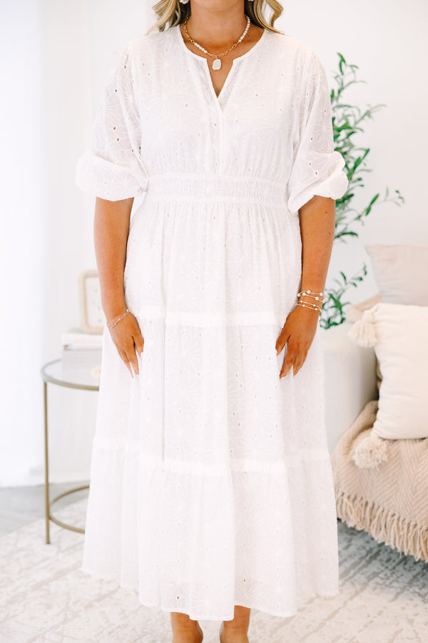 Plus Size white midi dress with eyelet embroidery, a smocked waist, and tiered skirt.