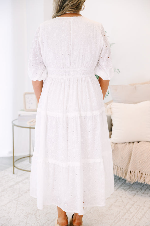 Plus Size white midi dress with eyelet embroidery, a smocked waist, and tiered skirt.
