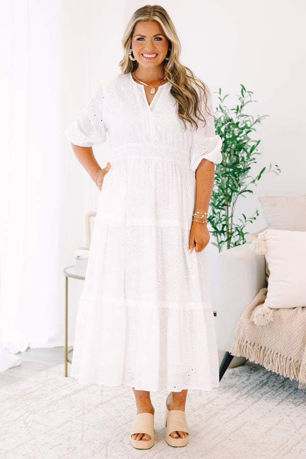 Plus Size white midi dress with eyelet embroidery, a smocked waist, and tiered skirt.