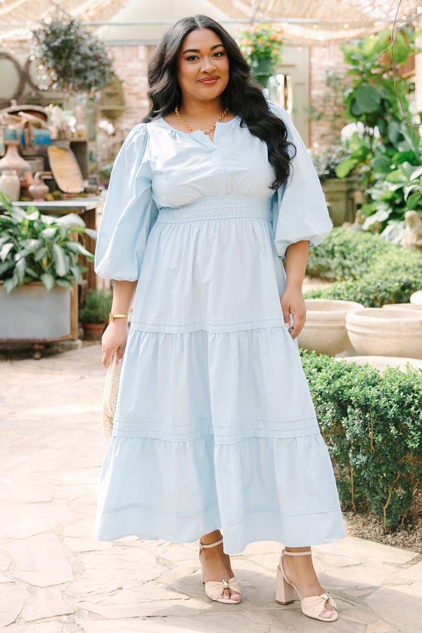 Chic Soul plus size clothing, baby blue tiered maxi dress with a sinched waist and long bubble sleeves as well as slight v-neckline 