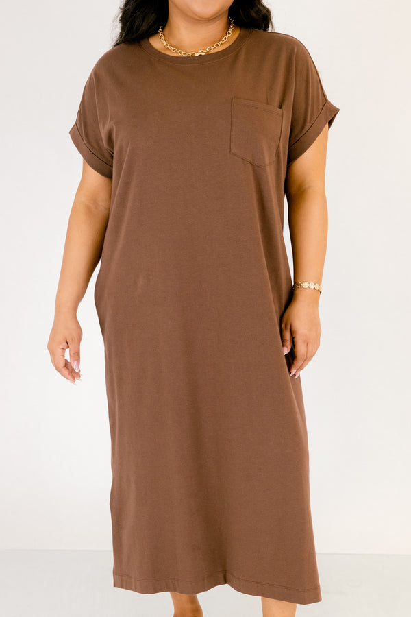 Chic Soul plus size clothing, dark brown short sleeve cotton t shirt maxi dress with front upper chest pocket and slits on the sides on the bottom hem