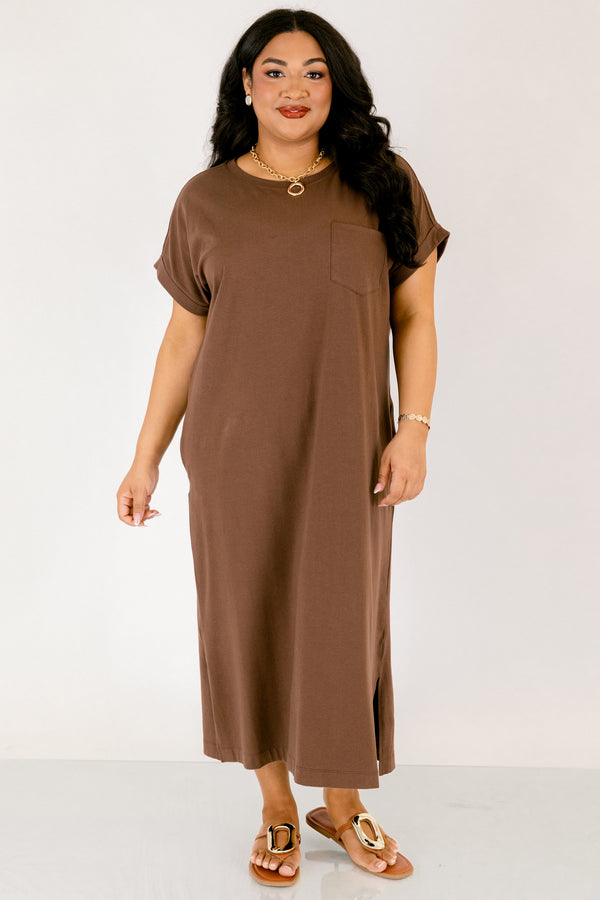 Chic Soul plus size clothing, dark brown short sleeve cotton t shirt maxi dress with front upper chest pocket and slits on the sides on the bottom hem
