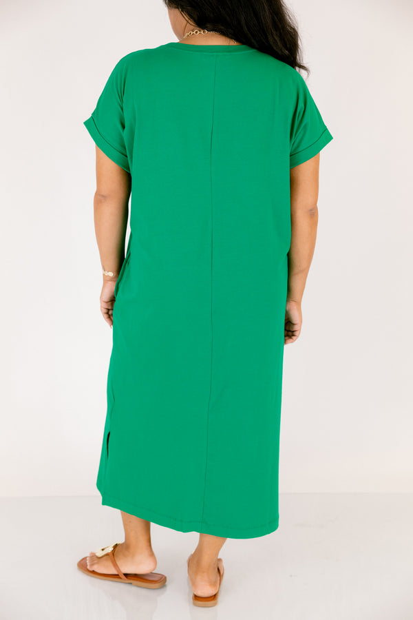 Chic Soul plus size clothing, kelly green short sleeve maxi dress with left breast pocket and side slits  