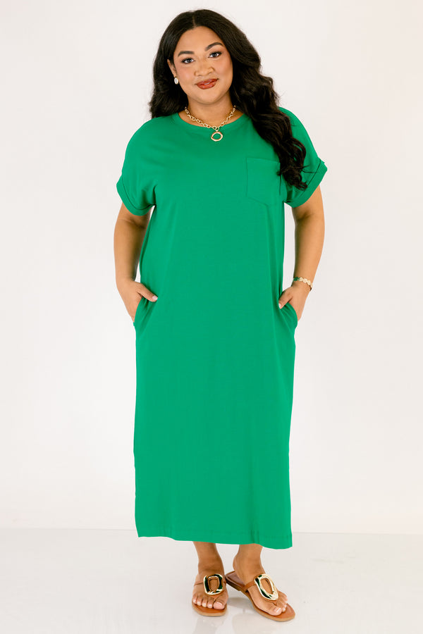 Chic Soul plus size clothing, kelly green short sleeve maxi dress with left breast pocket and side slits  