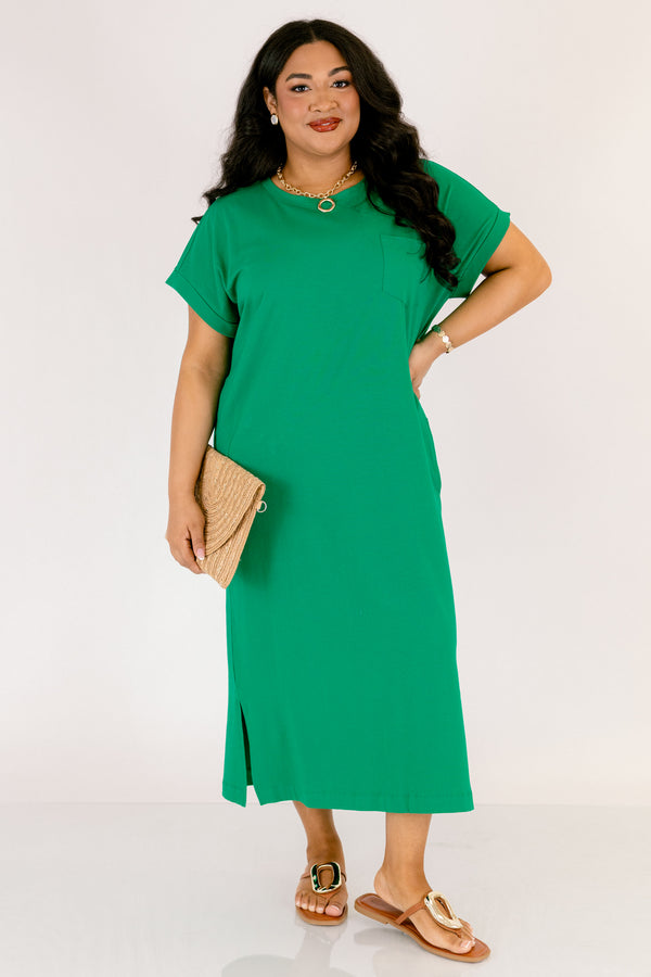 Chic Soul plus size clothing, kelly green short sleeve maxi dress with left breast pocket and side slits  
