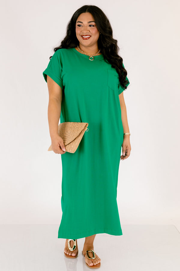 Chic Soul plus size clothing, kelly green short sleeve maxi dress with left breast pocket and side slits  