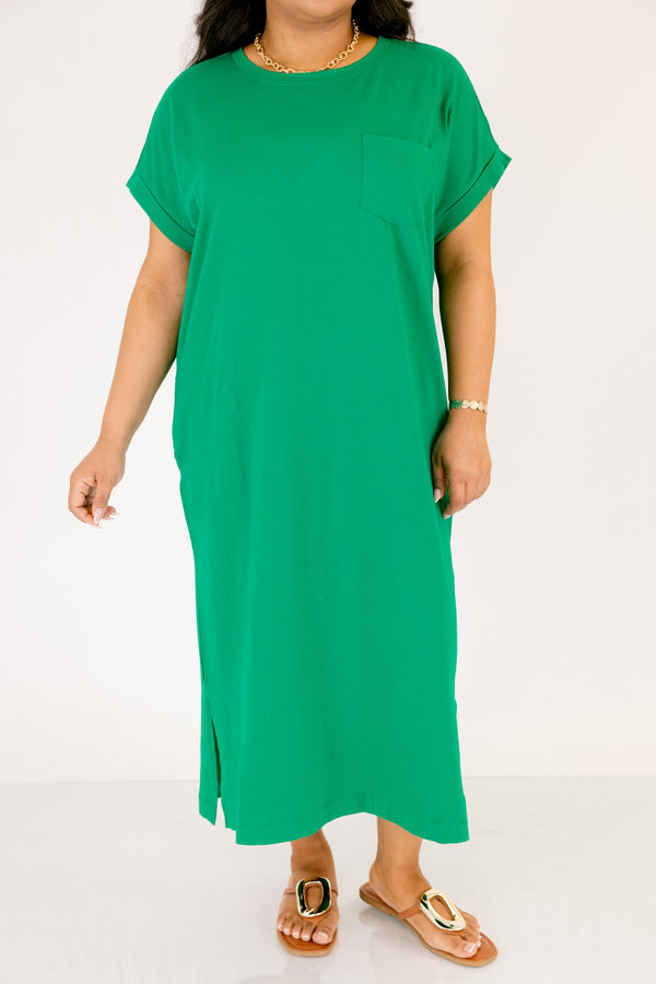 Chic Soul plus size clothing, kelly green short sleeve maxi dress with left breast pocket and side slits  
