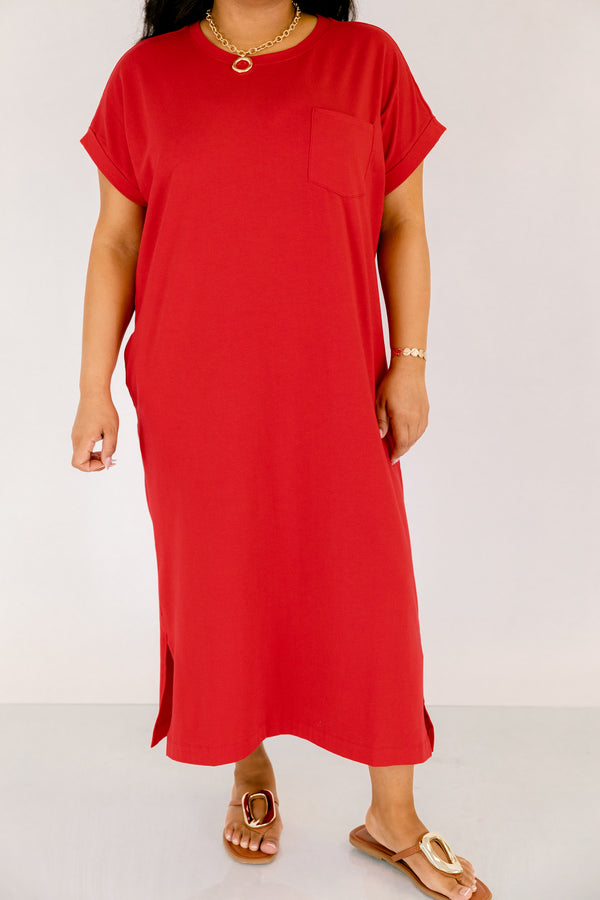 Chic Soul plus size clothing, red casual straight fit midi dress with a slit on the sides and short sleeves 
