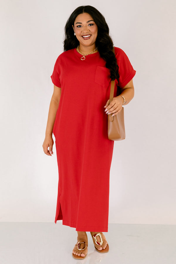 Chic Soul plus size clothing, red casual straight fit midi dress with a slit on the sides and short sleeves 

