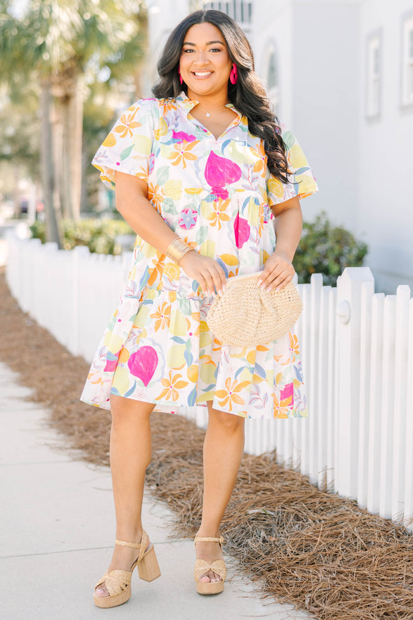Chic Soul plus size clothing, short-sleeve fruit medley multi-colored ruffled short baby doll dress with a split-v-neckline and a multi-colored fruit pattern