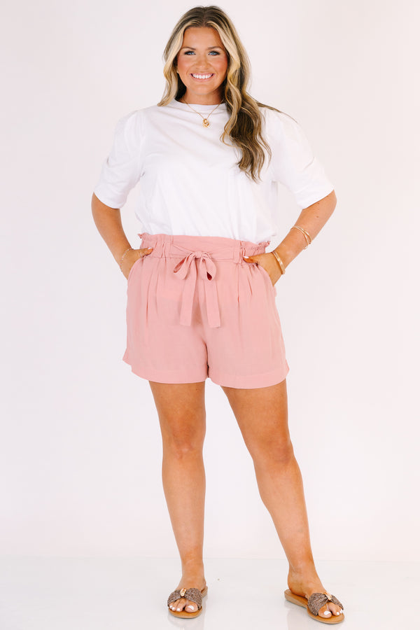 Chic Soul plus size clothing, mauve shorts with front pockets a stretchy waistband and a belt that ties in the middle of the waistband 