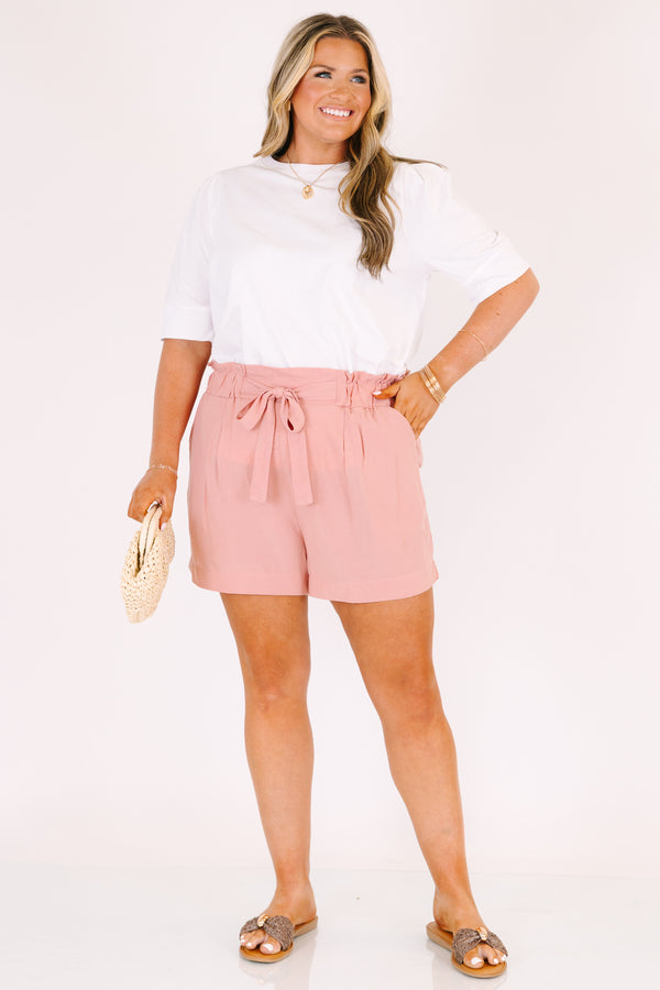 Chic Soul plus size clothing, mauve shorts with front pockets a stretchy waistband and a belt that ties in the middle of the waistband 