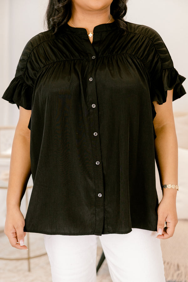 Chic Soul plus size clothing, black short sleeve button down top with cinching across top of the chest and flutter edges on sleeves