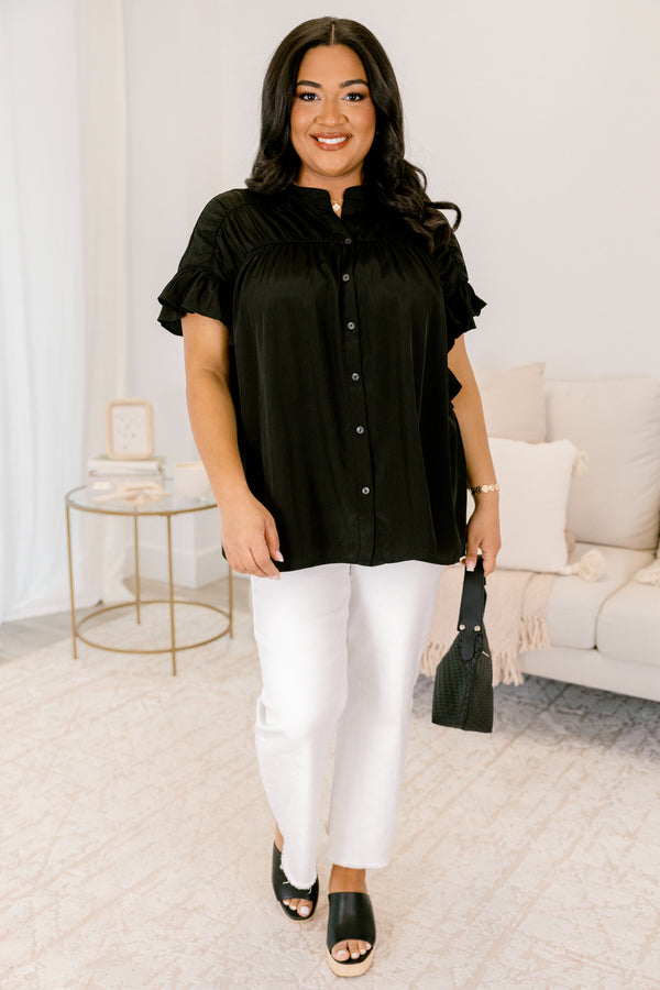 Chic Soul plus size clothing, black short sleeve button down top with cinching across top of the chest and flutter edges on sleeves