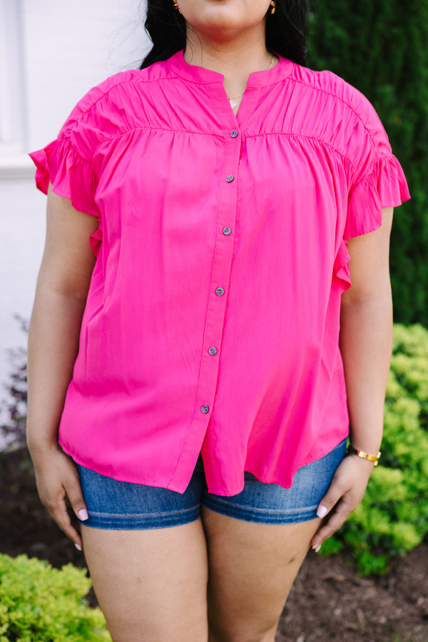 Chic Soul plus size clothing, fuchsia button down flowy top with short flutter sleeves